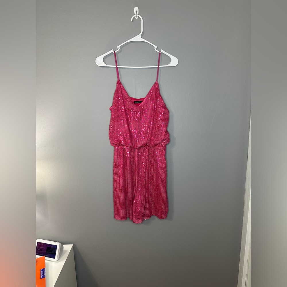 DOUBLE CRAZY Pink Sequin Romper